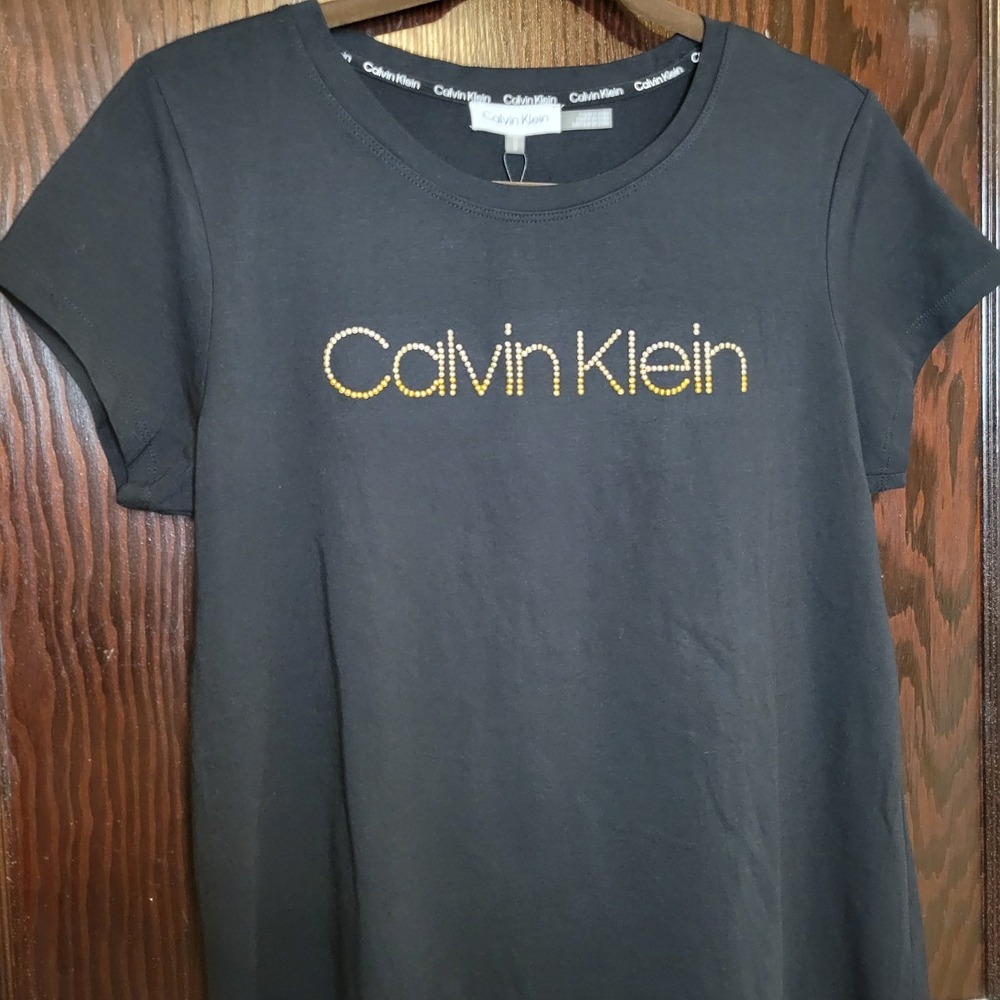 Women's T-Shirt Calvin Klein Black Size Medium NWT Stretch Casual Comfort Stud - Picture 5 of 11
